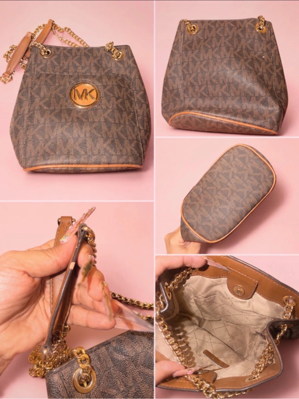 Michael Kors Brown Logo Chain-Handle Bucket Shoulder Bag